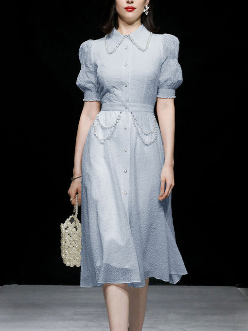 White Pearl Collar Romantic Floral Textured Shirt Dress
