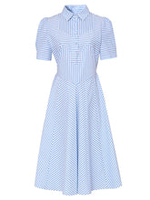 Load image into Gallery viewer, Blue Stripe Turn Down Collar 1950S Vintage Dress