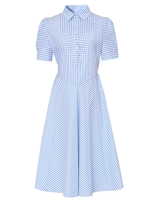 Blue Stripe Turn Down Collar 1950S Vintage Dress