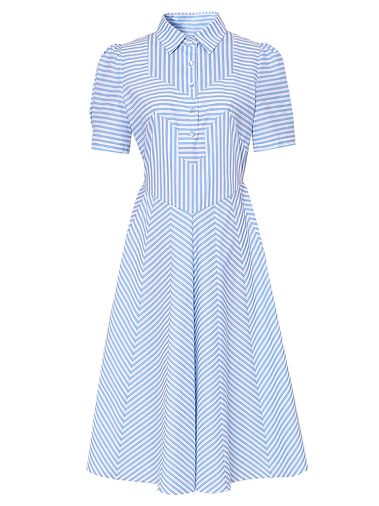 Blue Stripe Turn Down Collar 1950S Vintage Dress