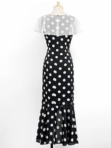Black And White Polka Dot Vintage Lotus Leaf Cape Waist Slim Elegant Fishtail Dress