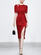 Load image into Gallery viewer, Red Slim Fit Crew Neck Puff Sleeve Satin Dress Vintage Dress