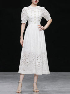 White Hollow Embroidered Pearl Puff Sleeve Lace Sweet Vintage Princess Dress
