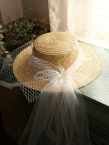 Straw Hat Beige With Long Lace Tulle For Holiday