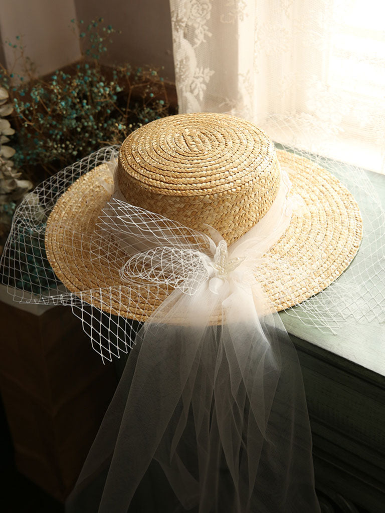 Straw Hat Beige With Long Lace Tulle For Holiday