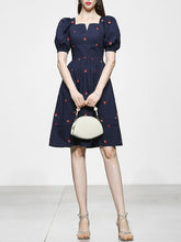 Load image into Gallery viewer, Navy Embroidered Vintage Square Neck Puff Sleeve Mini Dress