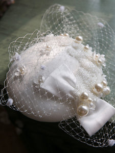 White Pearl Bow Tulle Vintage Lace 1950S Hat