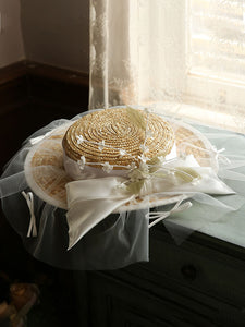 Straw Hat Beige With Bow Lace Tulle For Holiday
