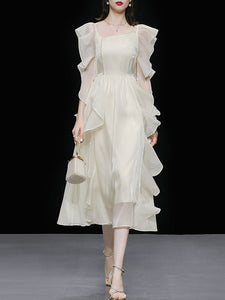 Apricot Ruffled PearlFairy Dress Light Luxury 1950S dress