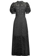 Load image into Gallery viewer, Black Bellflower Embroidered Design Long Lace Pleated Dress