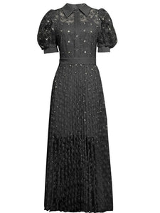 Black Bellflower Embroidered Design Long Lace Pleated Dress