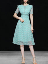 Load image into Gallery viewer, Vintage Teal Short Sleeve Pearl Neck Waist Embroidered Dress