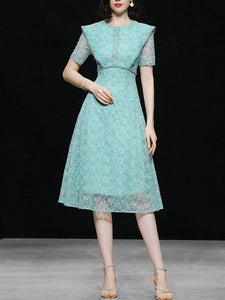 Vintage Teal Short Sleeve Pearl Neck Waist Embroidered Dress