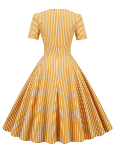 Stripe Square Collar 1950S Dress With Pockets