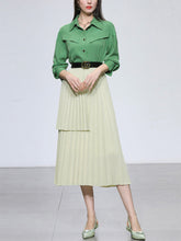 Load image into Gallery viewer, 2PS Green Vintage Lapel Shirt With Apricot Pleated Skirt Suit