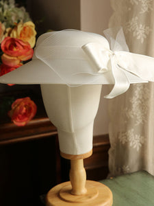 White Big Bow Wedding Hat With Tulle Vintage Hat