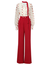 Load image into Gallery viewer, 2PS White And Red Sweet Heart V Neck Shirt And Red Wide-Leg Pants Set