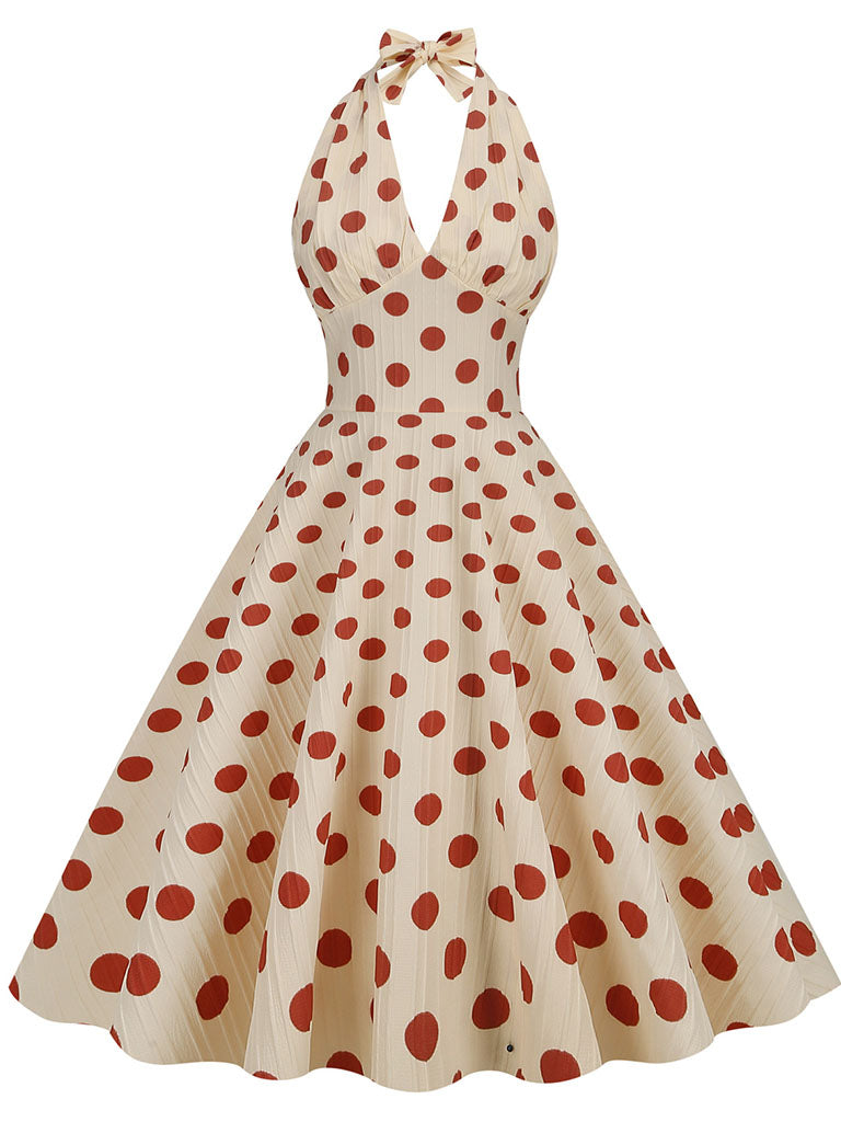 polka dot vintage dress Polka Dots Halter Audrey Hepburn Style 1950S Vintage Dress With Bow Backless, Red / 2XL