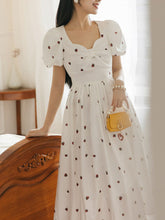 Load image into Gallery viewer, White Strawberry Bow Sweet Heart Collar Puff Sleeve Swing Fairy Dress