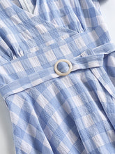 Load image into Gallery viewer, Blue And White Plaid V Neck 1950S Dress With Belt