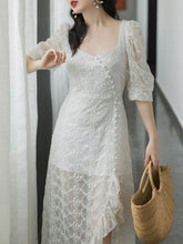 Load image into Gallery viewer, White Lace Ruffled Half Sleeve Square Neck Side Slit Fairy Dress