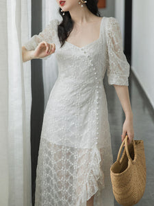 White Lace Ruffled Half Sleeve Square Neck Side Slit Fairy Dress