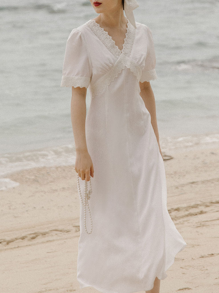 chinese dress ladies White Lace V-Neck Slim Fit Vintage 1920s Dress, White / M
