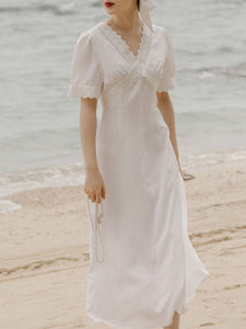 White Lace V-Neck Slim Fit Vintage 1920S Dress
