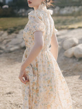 Load image into Gallery viewer, Apricot Ruffled Crewneck Floral Print Chiffon Retro 1950S Cottagecore Dress