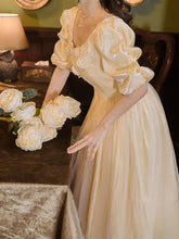 Load image into Gallery viewer, Yellow Lace V Neck Vintage Princess Puff Sleeve Maxi Evening Dress