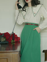 Load image into Gallery viewer, 2PS Green Embroidered Overlap Collar Shirt And Swing Skirt Suit