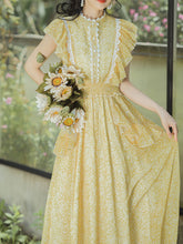Load image into Gallery viewer, Yellow Floral Print Fuffles Vintage Princess Chiffon Maxi Dress