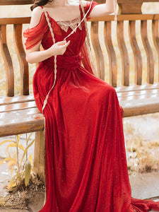 Red Bling Off Shoulder Lace Belt Maxi Dress Vintage Style Dress