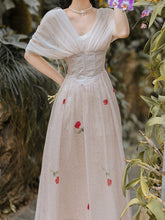 Load image into Gallery viewer, White Rose Polka Dots Deep V Neck Butterfly Sleeve Vintage Dress