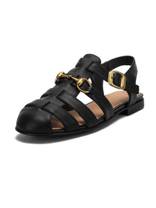 Brown Women's Flats Sandals Piont Toe Hollow Belt Leather Vintage Shoes