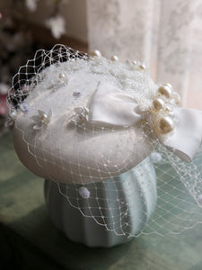 White Pearl Bow Tulle Vintage Lace 1950S Hat