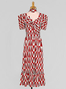Red Irregular Graphic Bowknot 1950S Summer Dress
