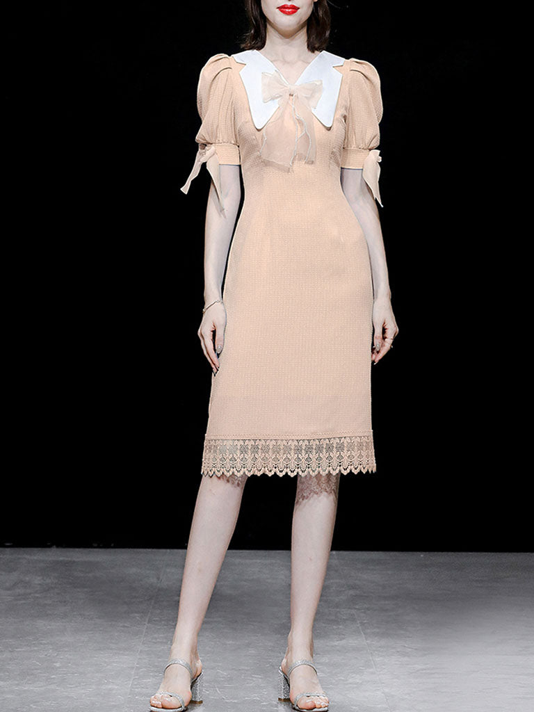 Pink Bow Collar Puff Sleeve 1960S Vintage Dress
