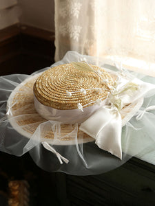 Straw Hat Beige With Bow Lace Tulle For Holiday