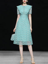 Load image into Gallery viewer, Vintage Teal Short Sleeve Pearl Neck Waist Embroidered Dress