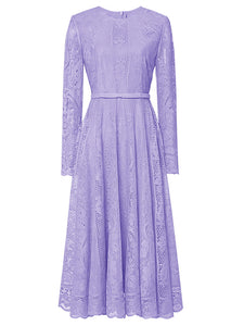 1950s Crew Neck Long Sleeve Hepburn Swing Lace Dress