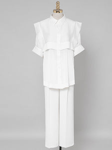 2PS Casual White Shirt And White Wide Leg Pants Ninth Pants Pants Set