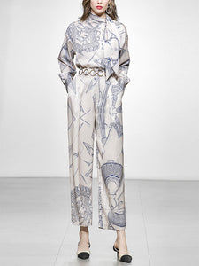 2PS Champagne Satin Floral Printed Shirt And High Waist Wide Leg Pants Suit