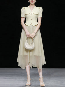 2PS Apricot V Neck Puff Sleeve Top And Irregular Gauze Skirt Set