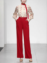 Load image into Gallery viewer, 2PS White And Red Sweet Heart V Neck Shirt And Red Wide-Leg Pants Set