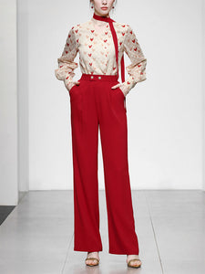 2PS White And Red Sweet Heart V Neck Shirt And Red Wide-Leg Pants Set