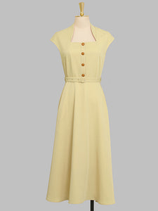 Retro Square Collar Hepburn Style Waist-length High-waisted Vintage 1950S Dress