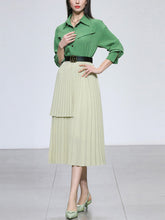 Load image into Gallery viewer, 2PS Green Vintage Lapel Shirt With Apricot Pleated Skirt Suit