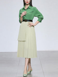 2PS Green Vintage Lapel Shirt With Apricot Pleated Skirt Suit