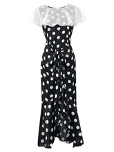 Load image into Gallery viewer, Black And White Polka Dot Vintage Lotus Leaf Cape Waist Slim Elegant Fishtail Dress